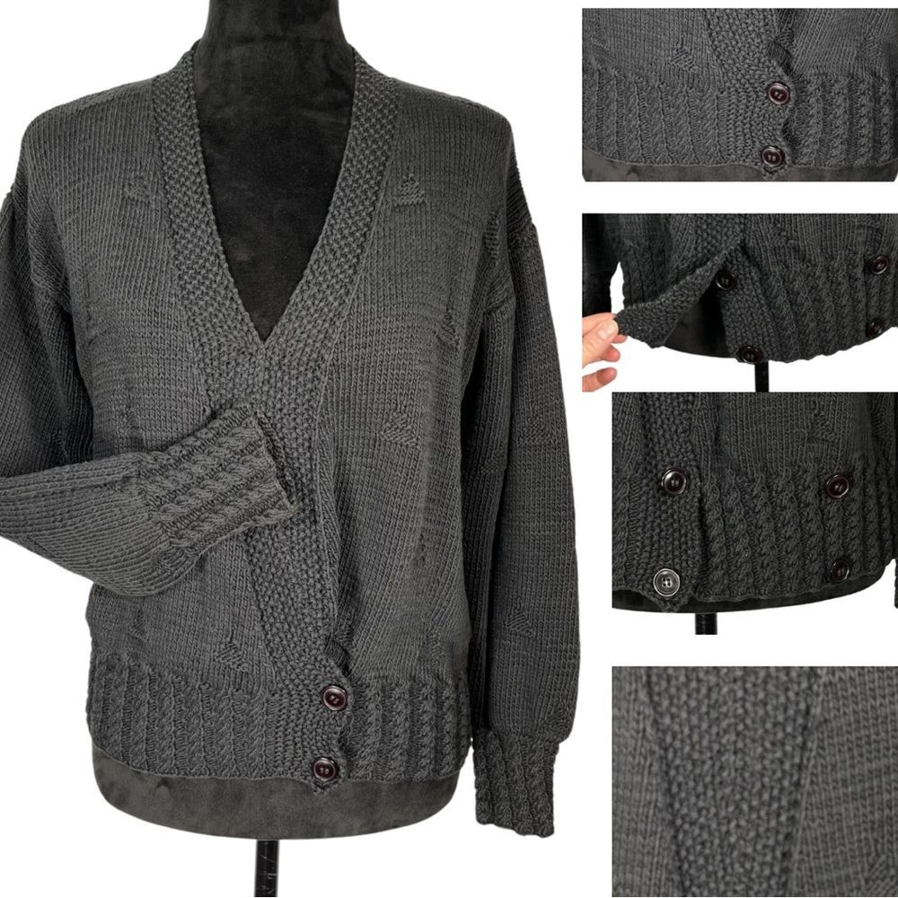 Berek Black Sweater Dark Academia Textured V-Neck Slouchy Handmade Cable Knit Sm